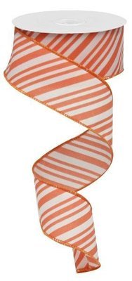 Coral/White - Mix Size Diagonal Lines Wired Ribbon