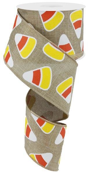 Candy Corn on Burlap - Beige/Orange/Yellow/White Wired Ribbon