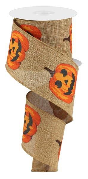 Jack-O-Lantern - Tan/Orange/Black Wired Ribbon