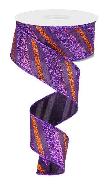Diagonal Glitter Stripe - Purple/Orange Wired Ribbon