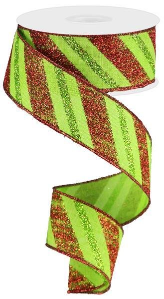 Diagonal Glitter Stripe - Lime Green/Red Wired Ribbon