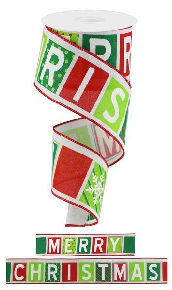 Merry Christmas Blocks - White/Red/Lime/Emerald Wired Ribbon
