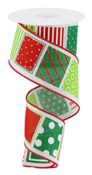 Blocks-Lines,Circles, Dots - White/Red/Lime/Emerald Wired Ribbon