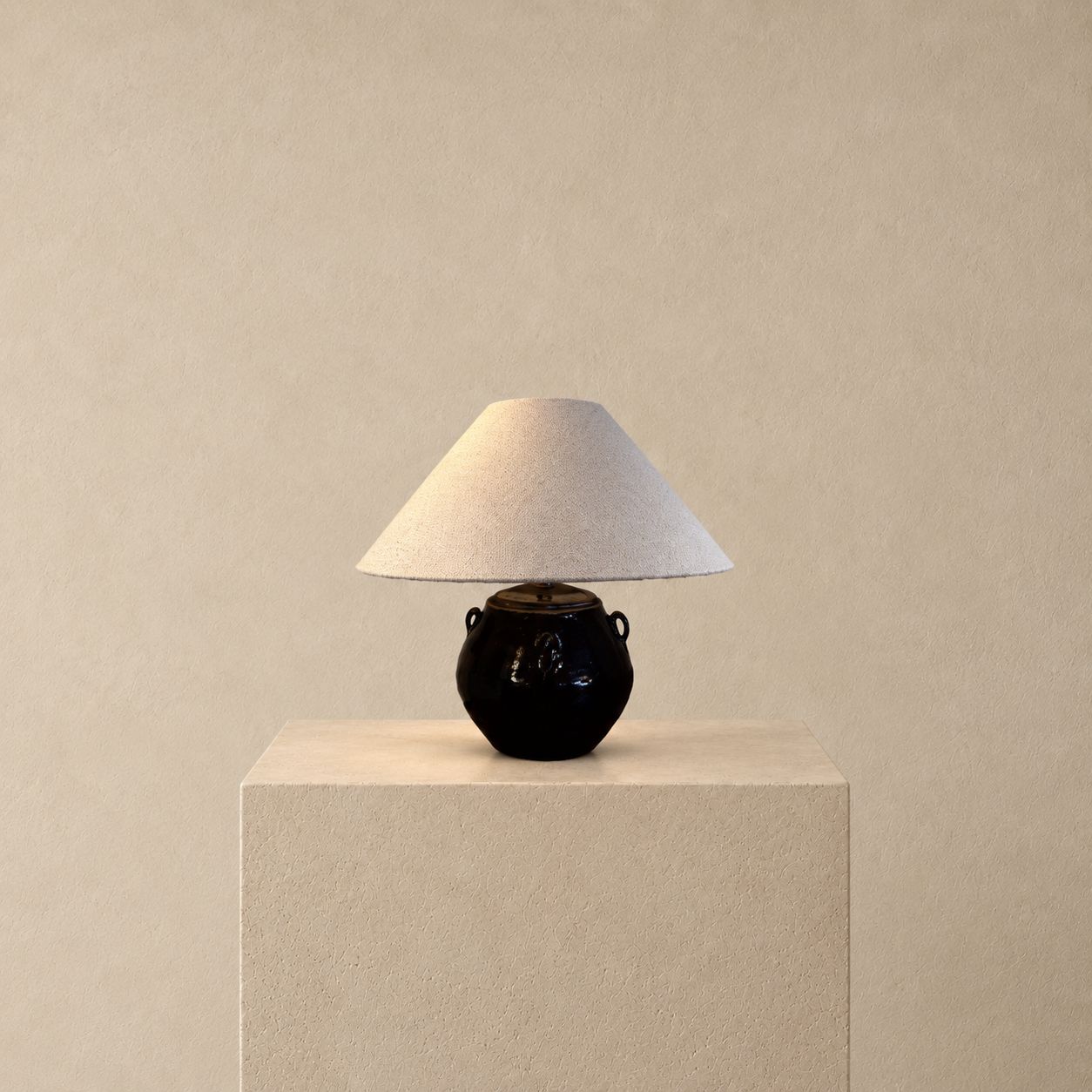 Vintage Chinese Glazed Clay Pot Converted to Table Lamp with Taupe Linen Shade