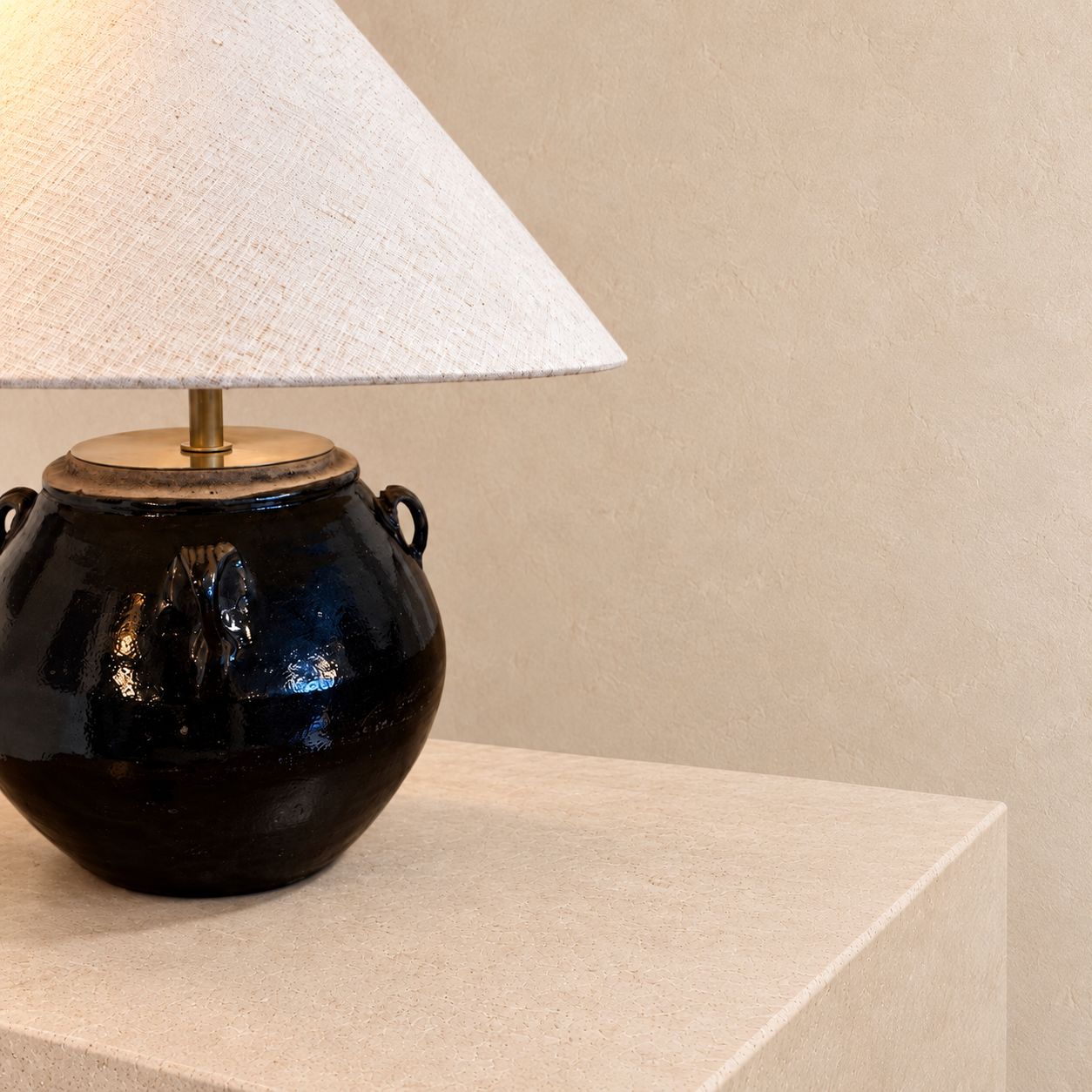 Vintage Chinese Glazed Clay Pot Converted to Table Lamp with Taupe Linen Shade