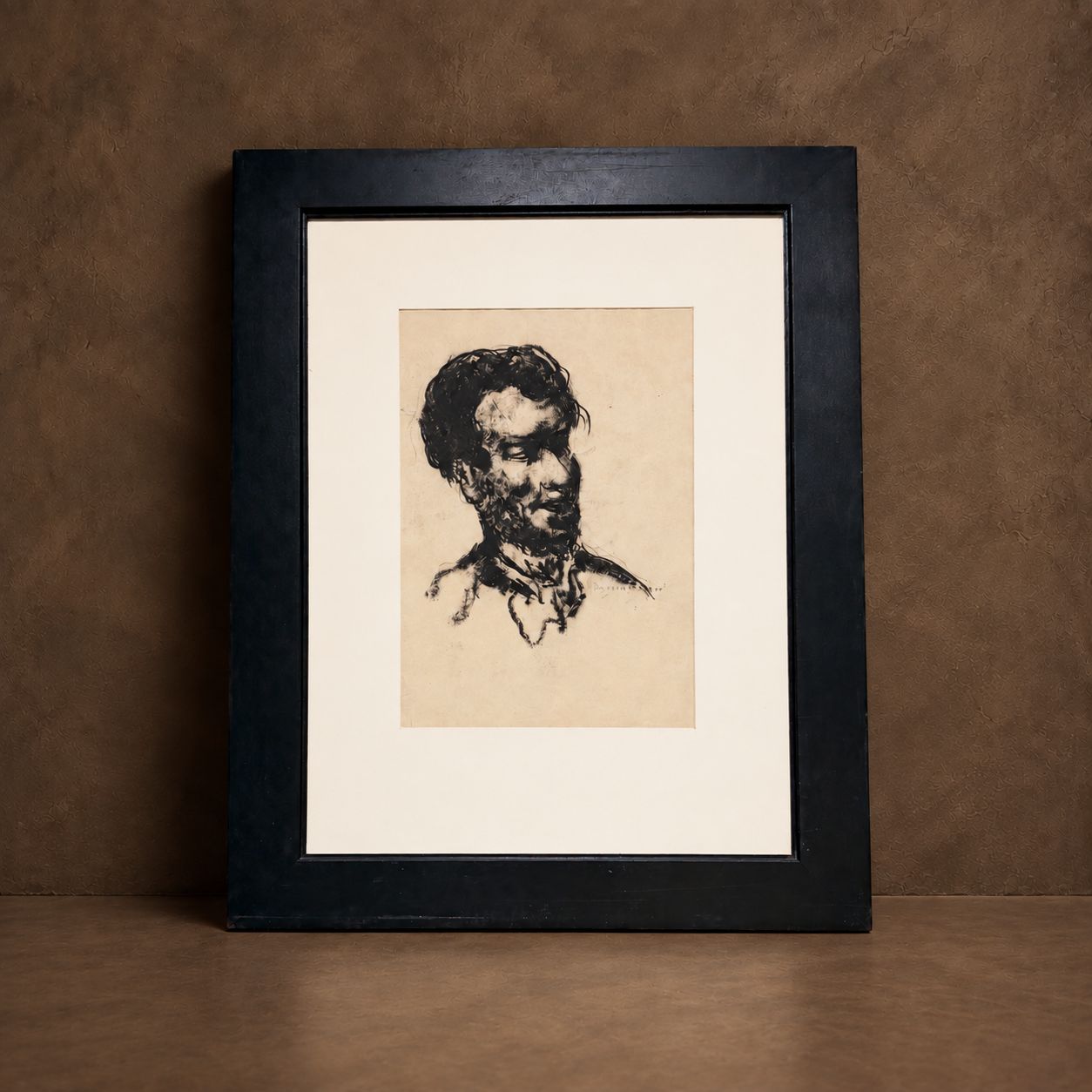 One of a Kind Charcoal Etching of Man In Black Wood Frame