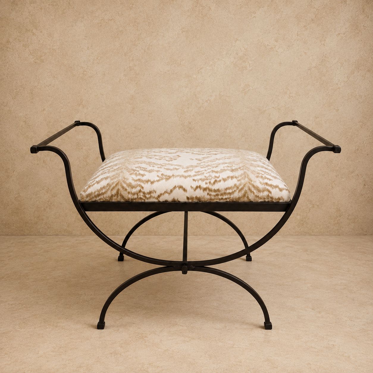Vintage Iron Bench, Newly Recovered in Animal Print Fabric