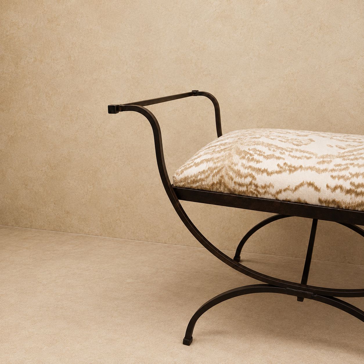 Vintage Iron Bench, Newly Recovered in Animal Print Fabric