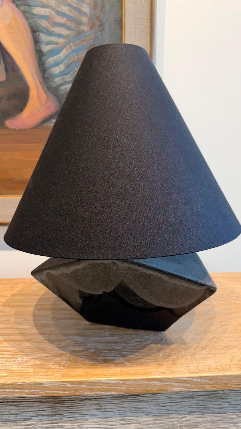 Ceramic "Summit" Lamp in Charcoal with Black Linen Shade by Brooklyn NY Artisan