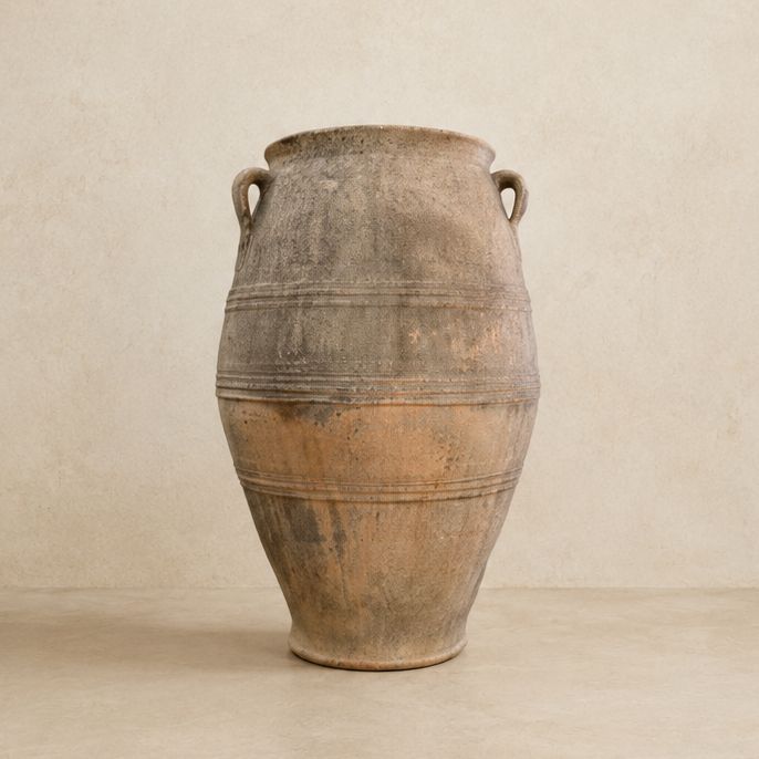 Large Vintage Greek Clay Vessel with Three Handles