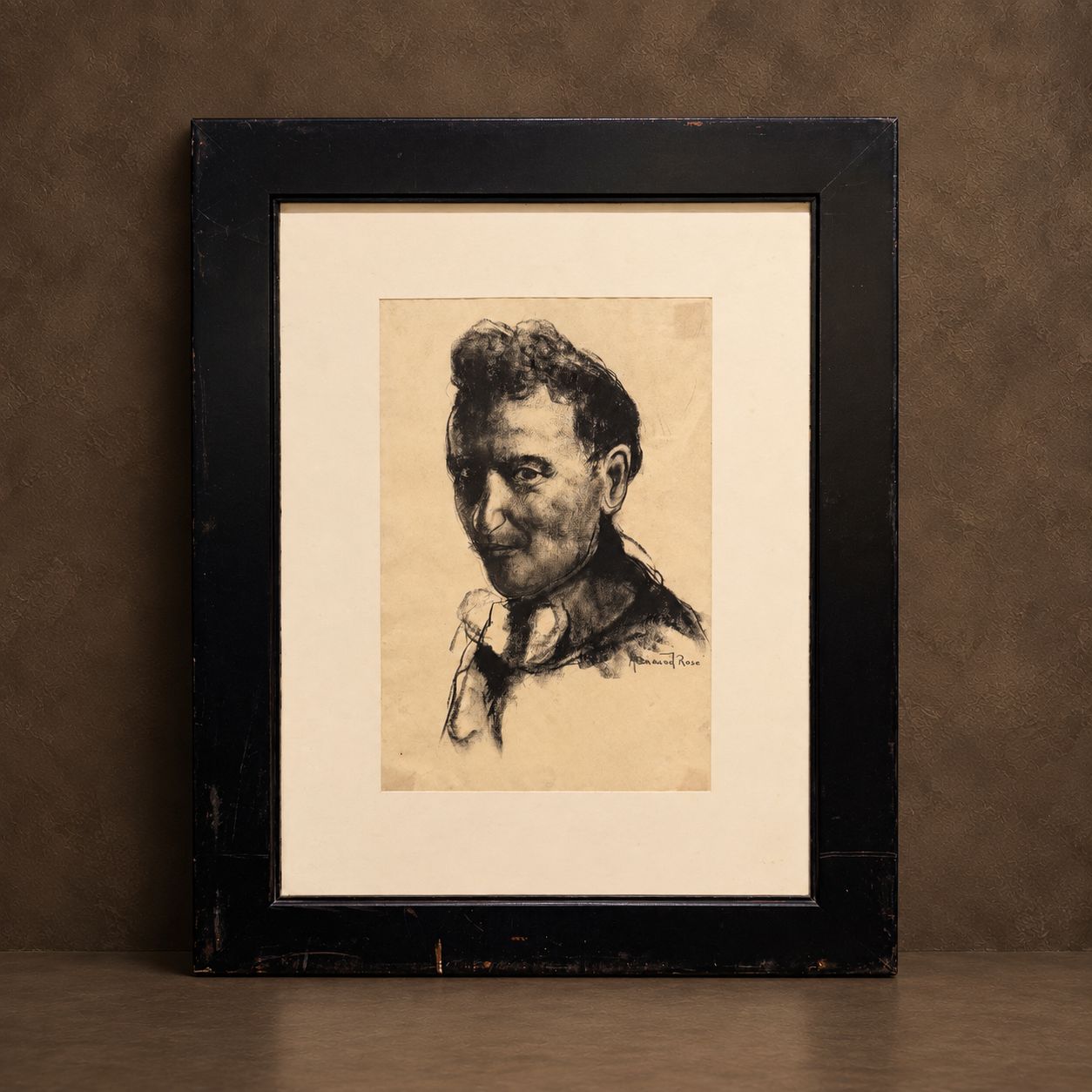 One of a Kind Charcoal Etching of Man In Black Frame