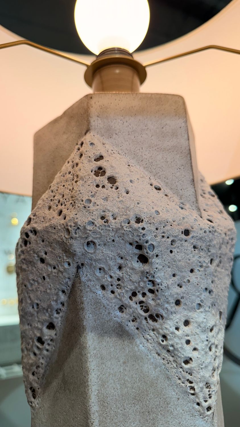 Ceramic "Wrap" Lamp in Frost withy Belgium Linen Shade by Brooklyn NY Artisan