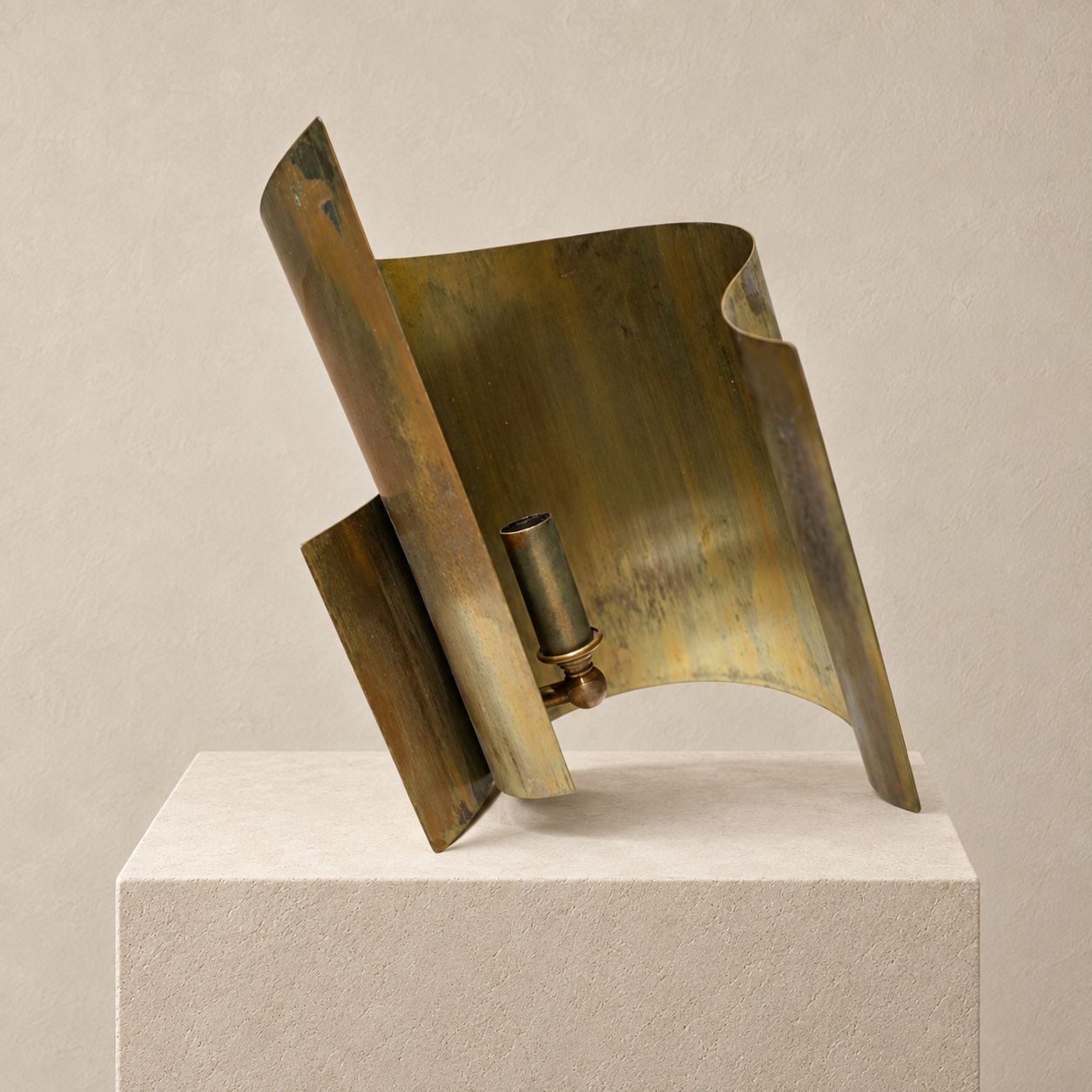 Custom Sconce in Unlacquered Brass with Whimsical Brass Shade