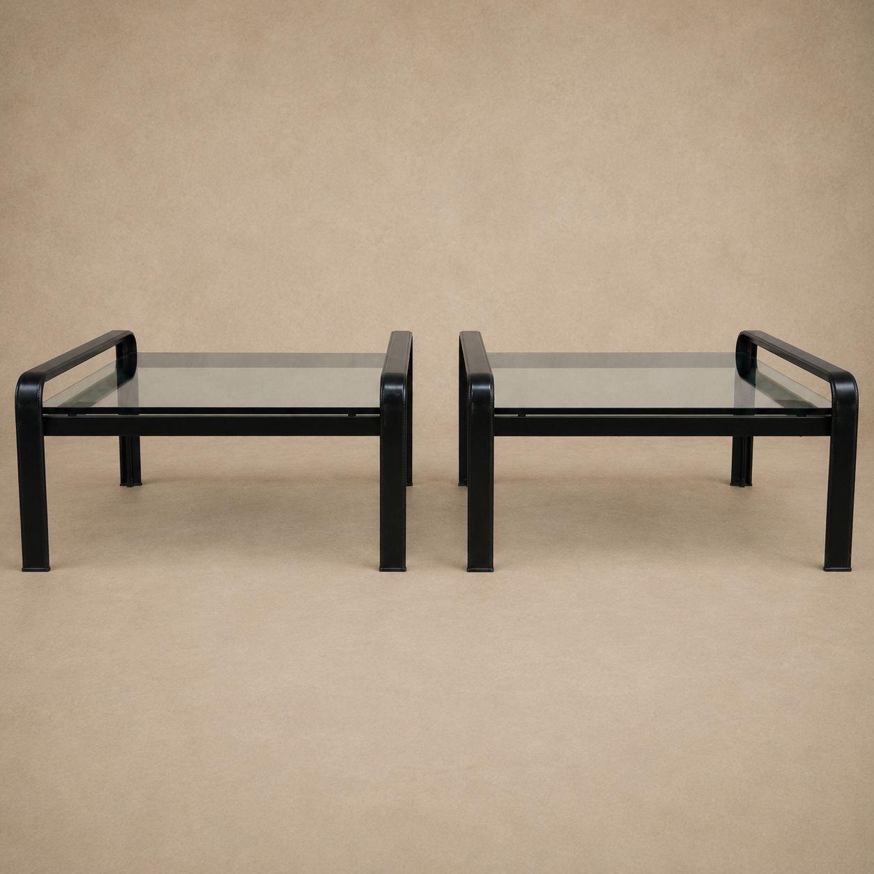 Leather Wrapped Square Coffee Table with Thick Glass, 1970's, Matteo Grassi