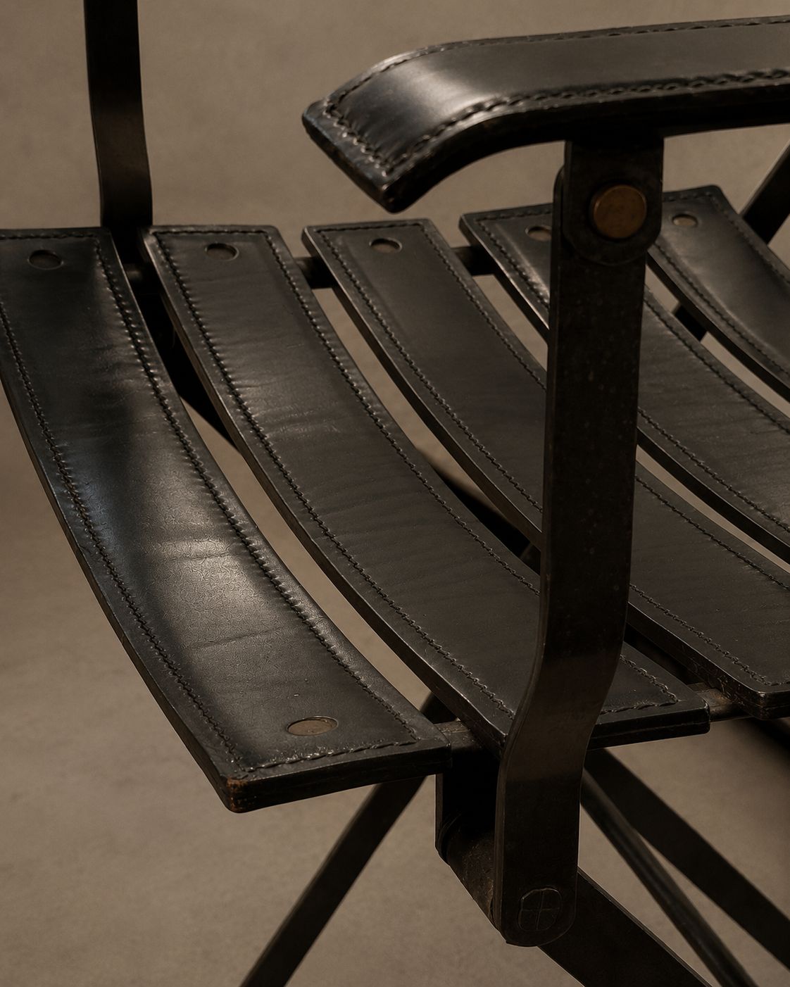 Set of 4 Black Leather and Metal Armchair in the Style of Jacques Adnet