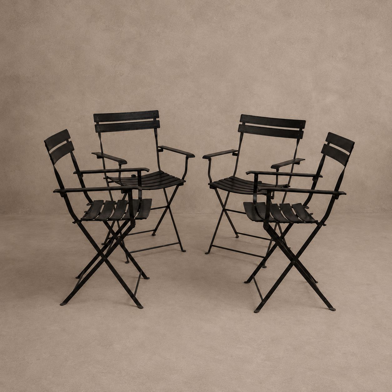 Set of 4 Black Leather and Metal Armchair in the Style of Jacques Adnet