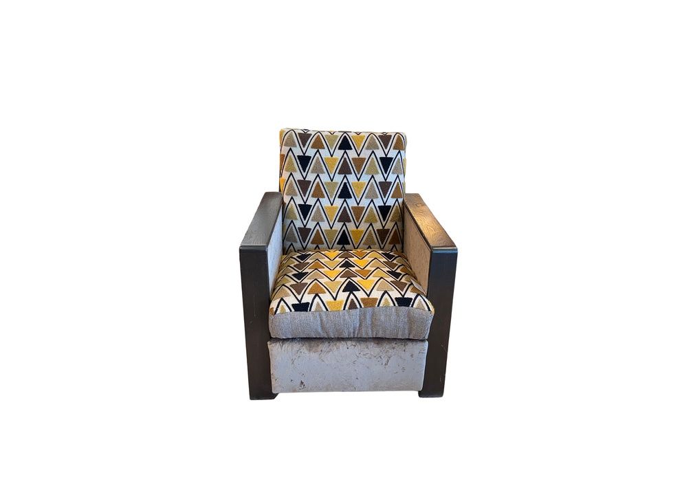 Art Deco Armchair Covered in Crushed Velvet with Contrasting Geometric Fabric on Back and Seat