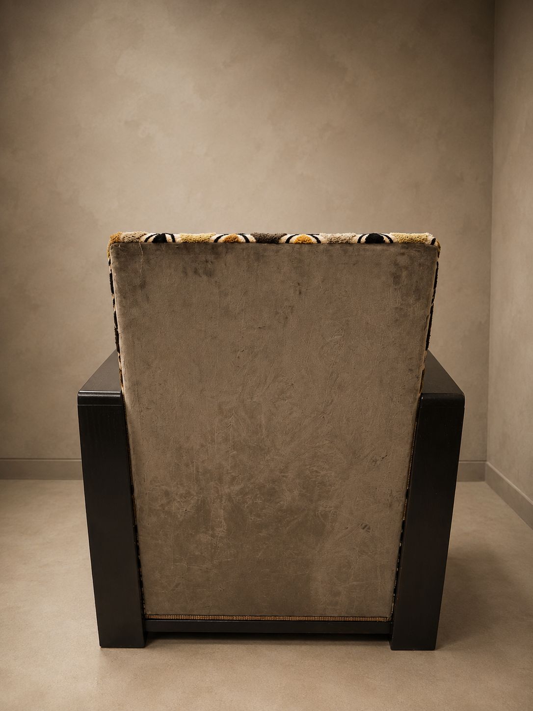 Pair of Art Deco Armchairs Covered in Crushed Velvet with Contrasting Geometric Fabric on Back and Seat