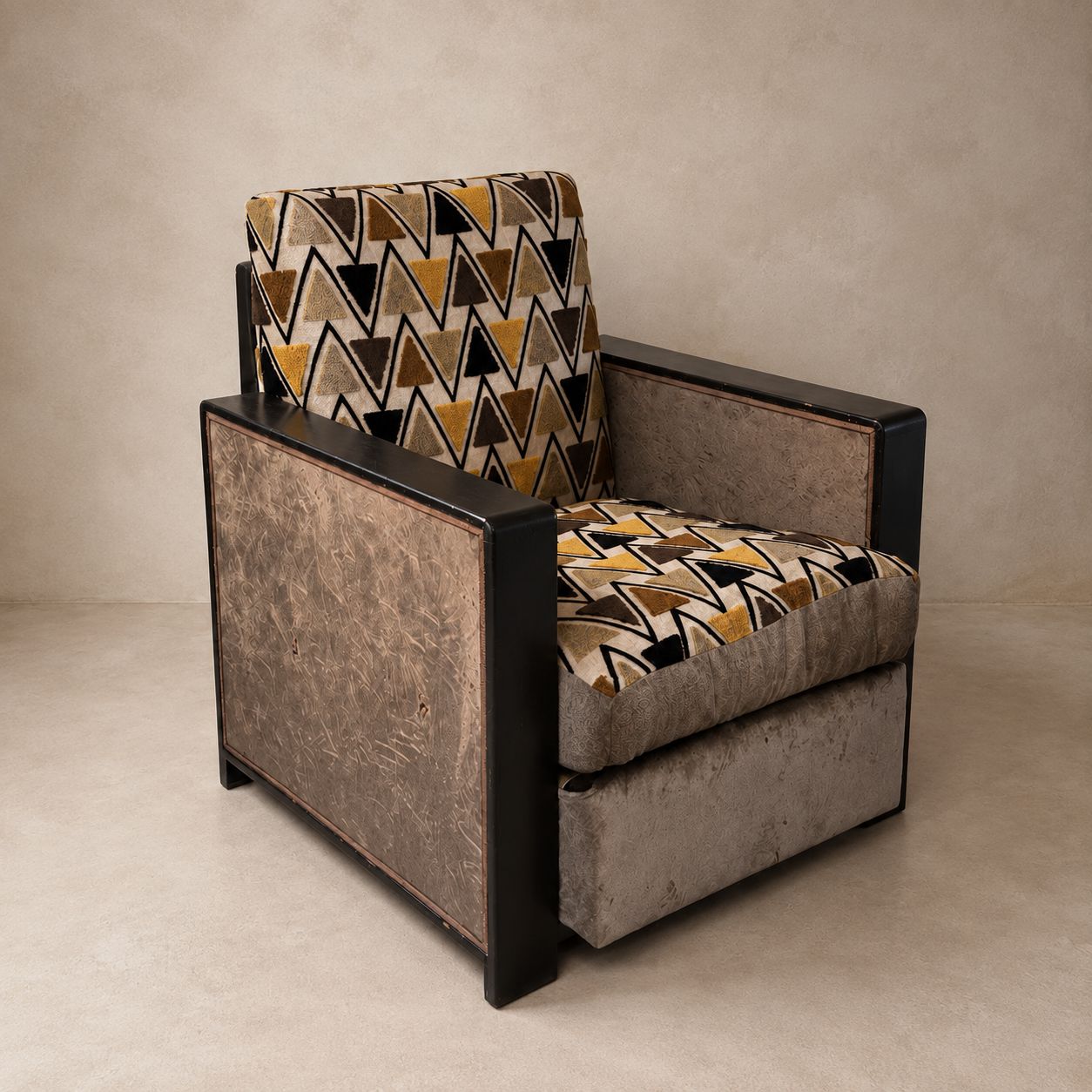 Pair of Art Deco Armchairs Covered in Crushed Velvet with Contrasting Geometric Fabric on Back and Seat