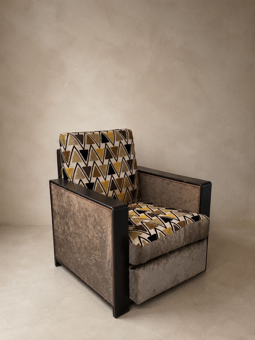 Pair of Art Deco Armchairs Covered in Crushed Velvet with Contrasting Geometric Fabric on Back and Seat