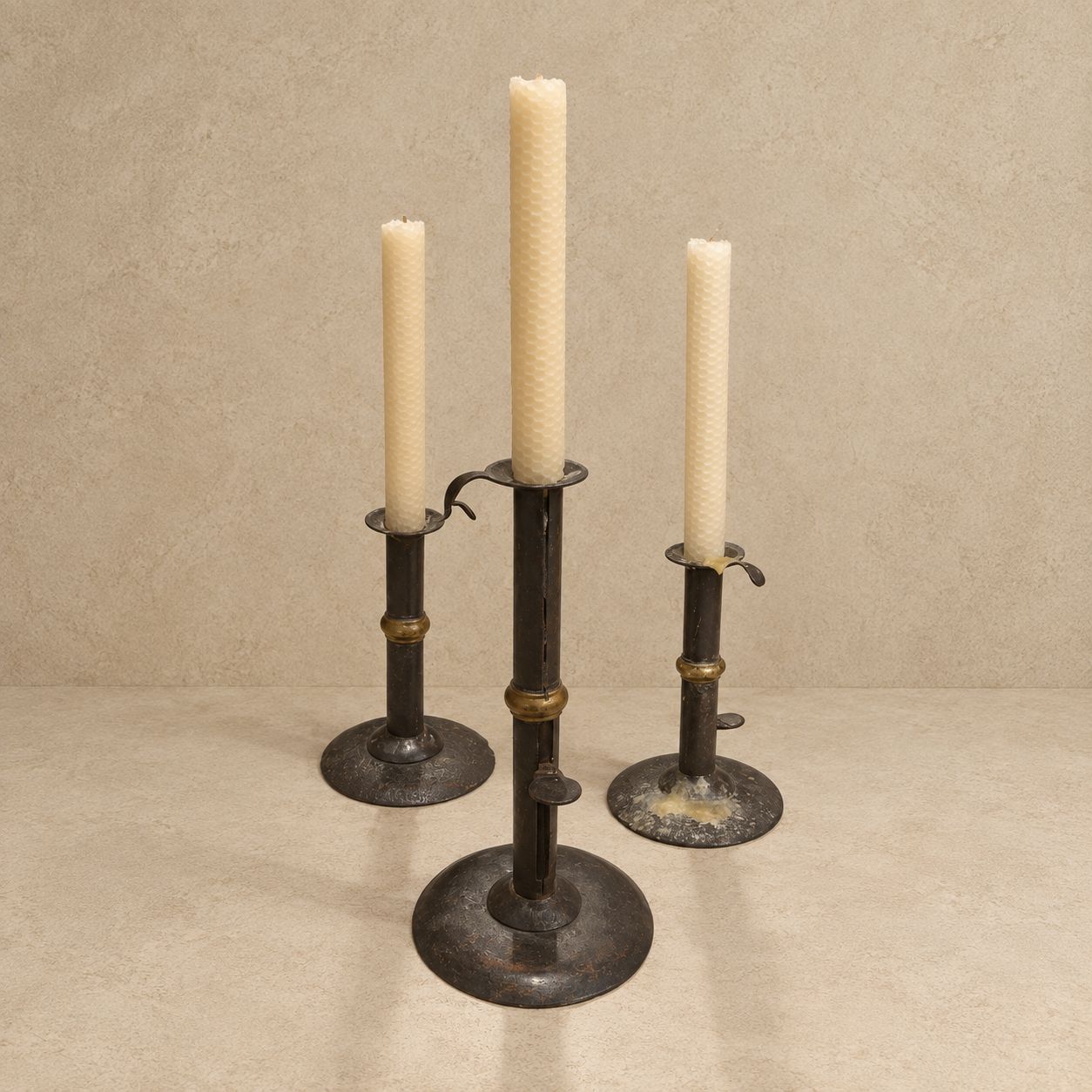 Set of 3 Very Old English Candlesticks