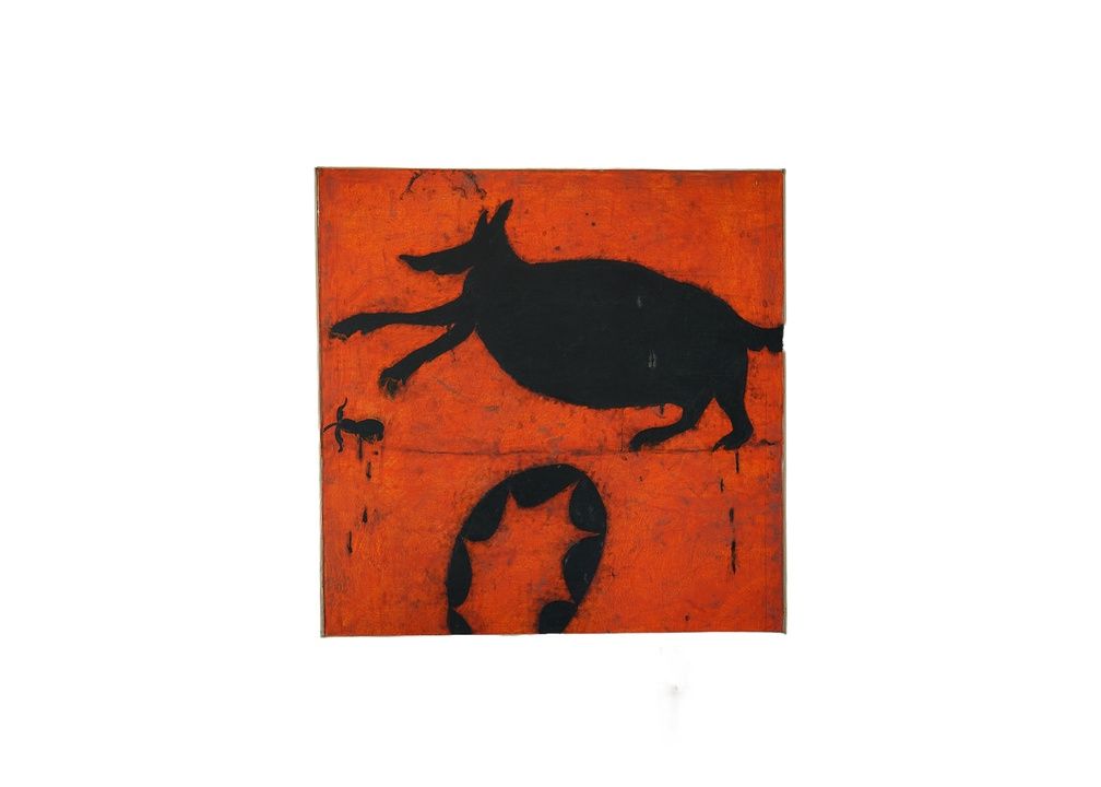 "Dijon Comes for the Persimmons" Painting of Opossum on Telephone Wire by Todd Mossman, 49" x 49"