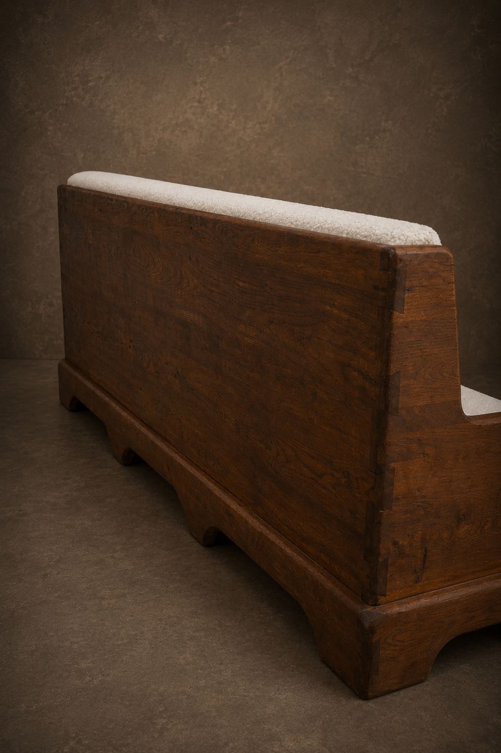 Rustic Oak Sofa, 1970's, Newly Recovered in Neutral Boucle Fabric