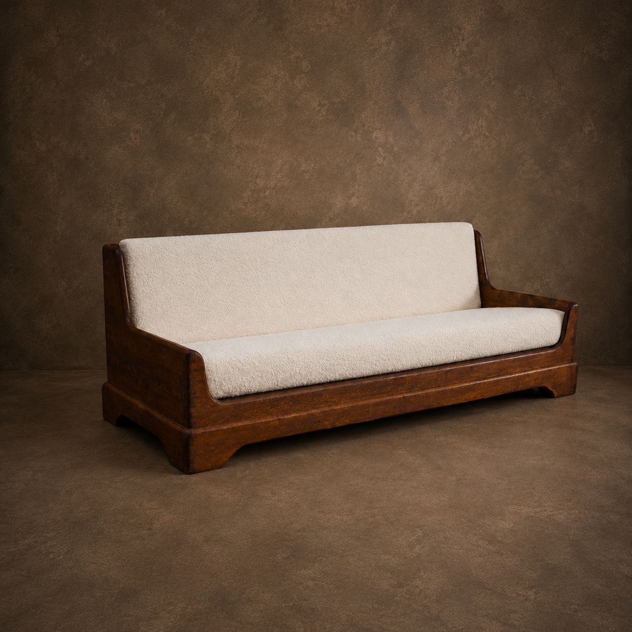 Rustic Oak Sofa, 1970's, Newly Recovered in Neutral Boucle Fabric