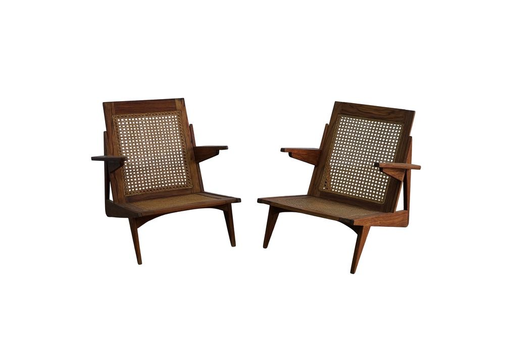 French Mid Century Angular Lounge Chairs in Teak and Cane