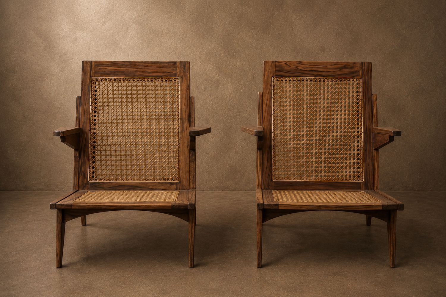 Pair of French Mid Century Angular Lounge Chairs in Teak and Cane