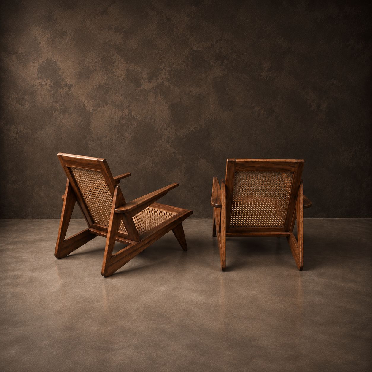 Pair of French Mid Century Angular Lounge Chairs in Teak and Cane