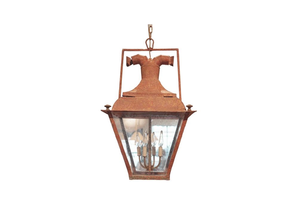Unusual Painted Iron Lantern with Square Yoke