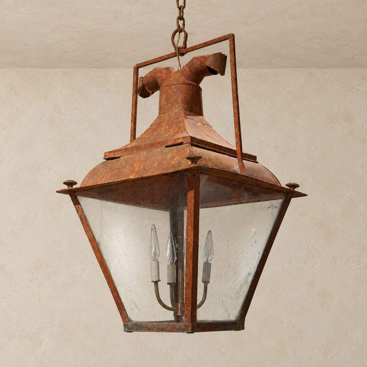 Unusual Painted Iron Lantern with Square Yoke