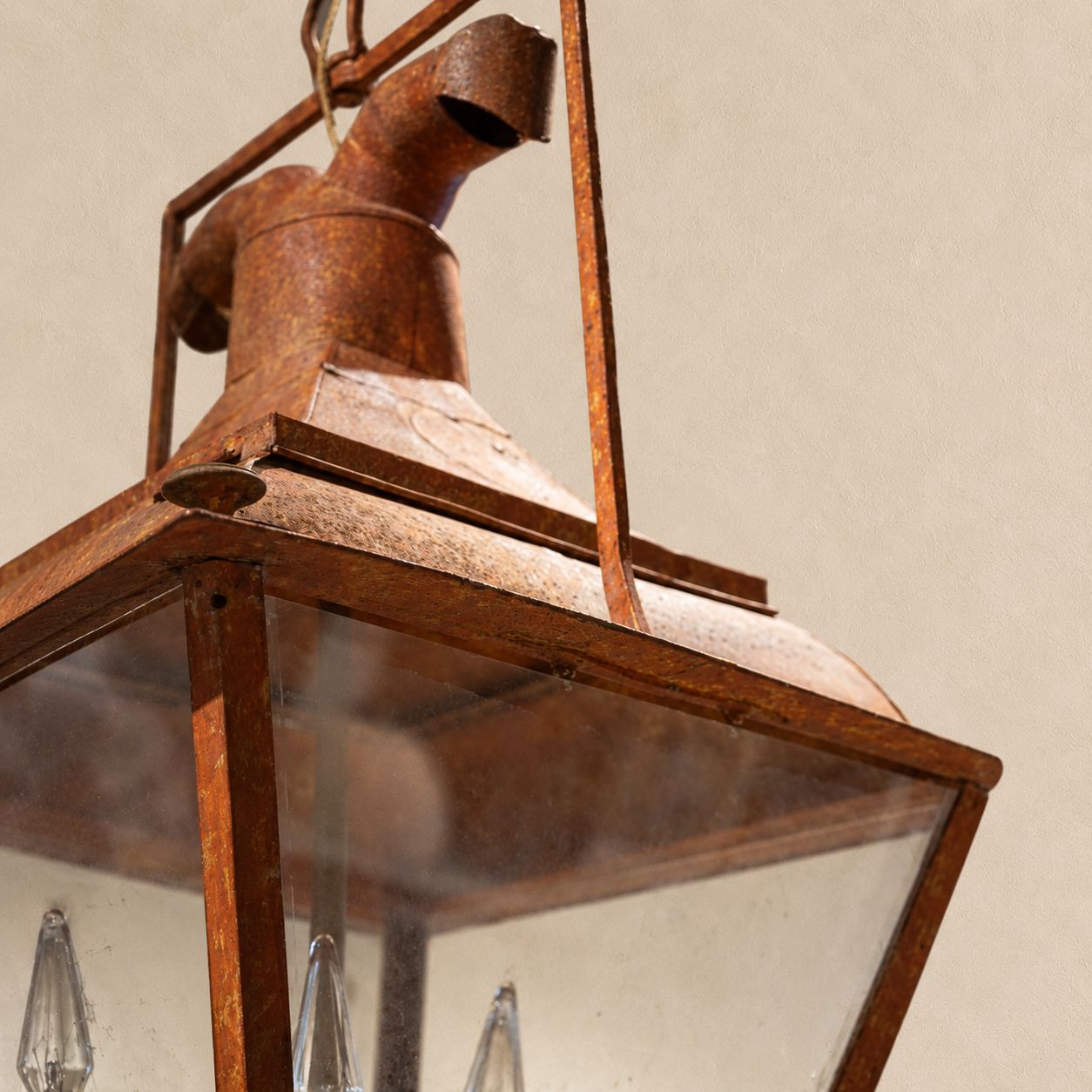 Unusual Painted Iron Lantern with Square Yoke