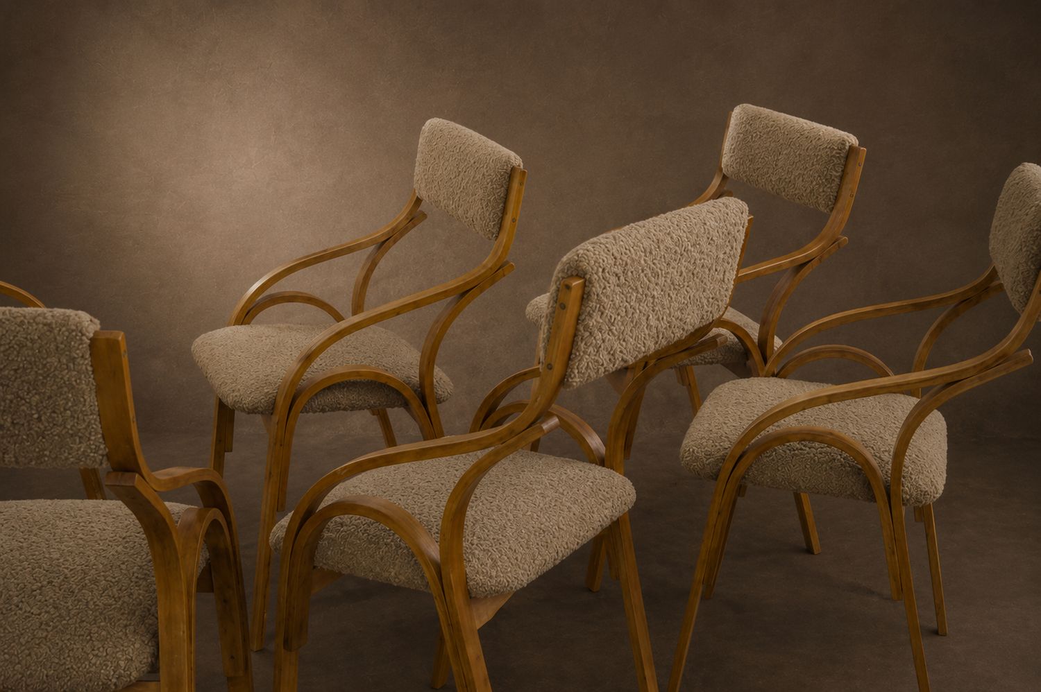 Set of 8 Bentwood Frame Chairs Newly Recovered in Neutral Boucle Fabric