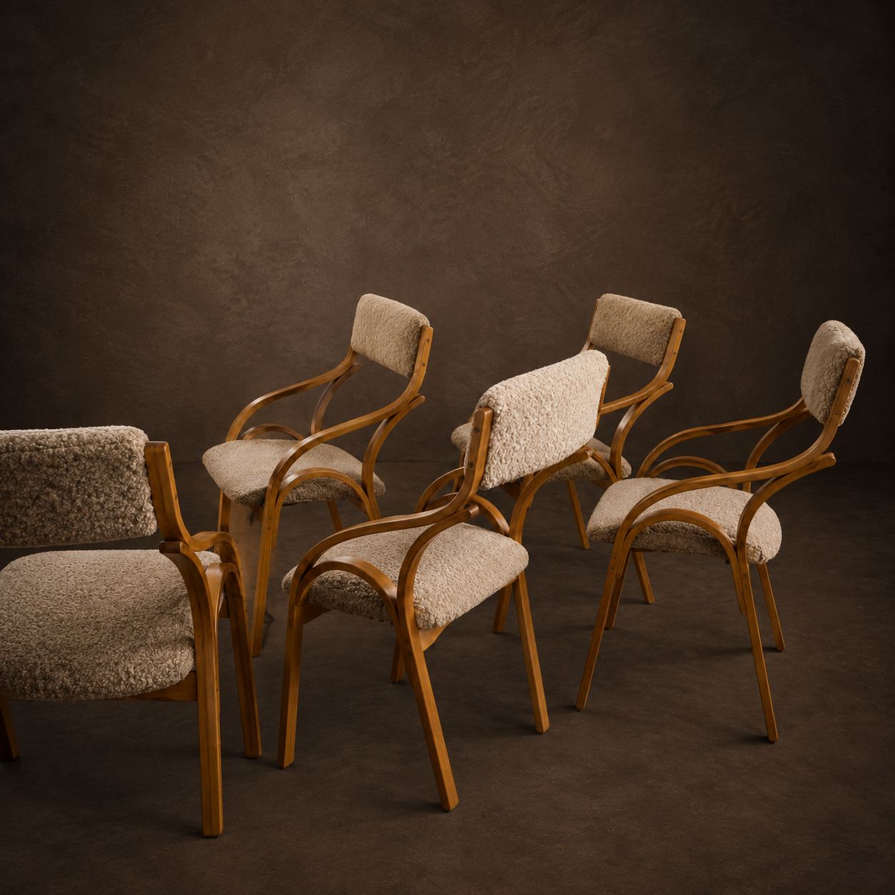 Set of 8 Bentwood Frame Chairs Newly Recovered in Neutral Boucle Fabric