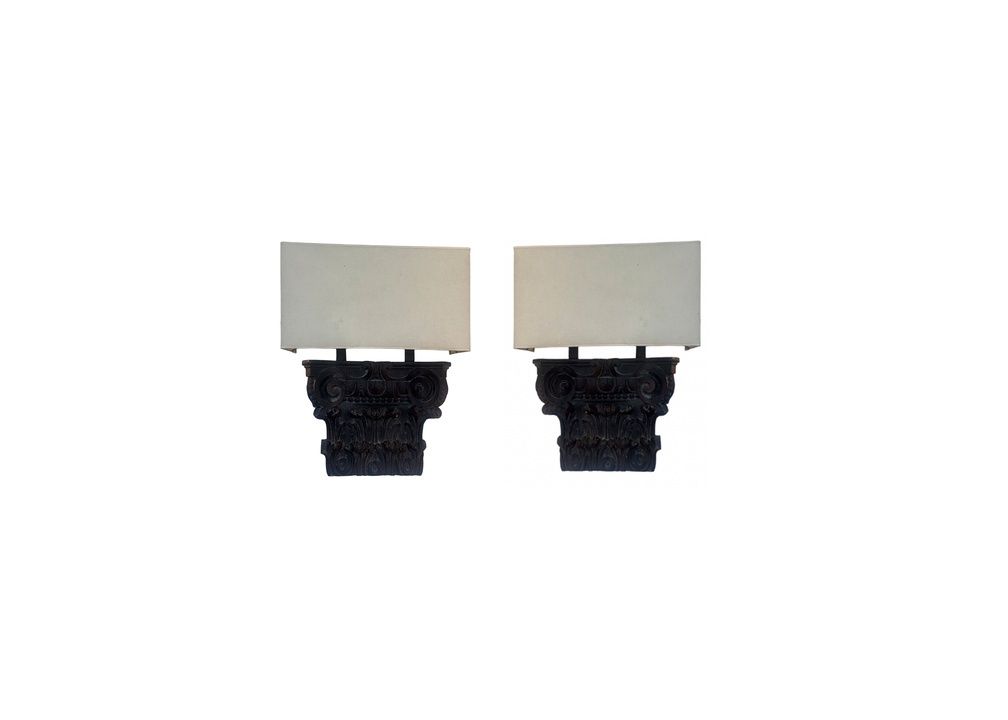 Carved Wooden Sconce with Square Linen Shade