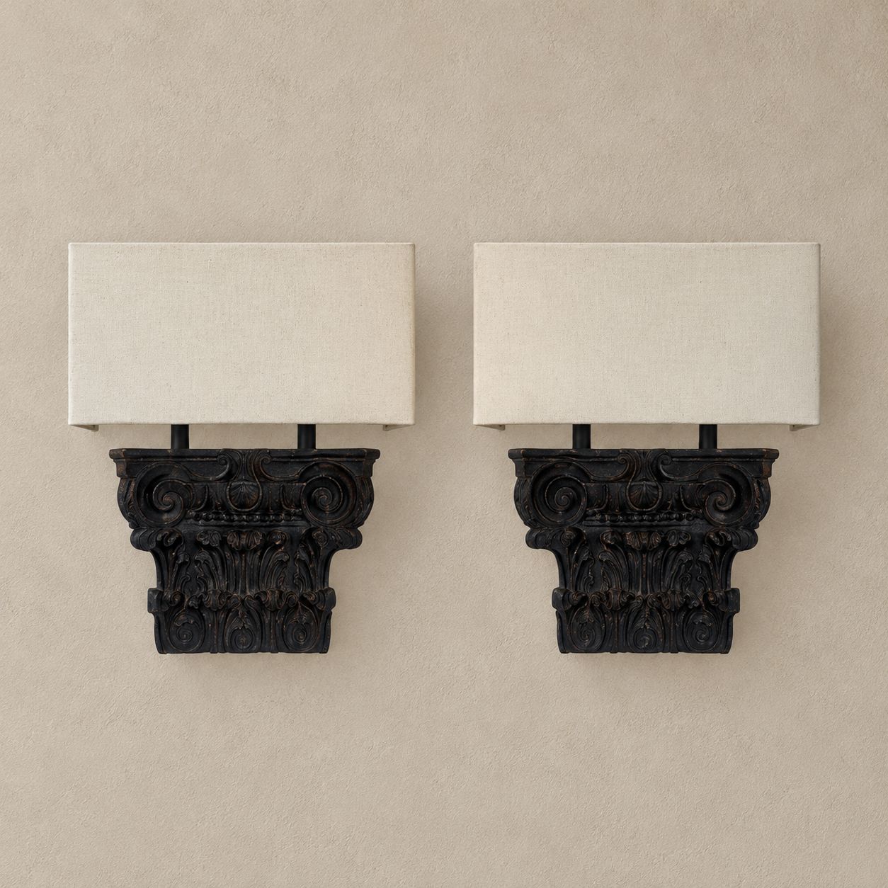 Pair of Carved Wooden Sconces with Square Linen Shades