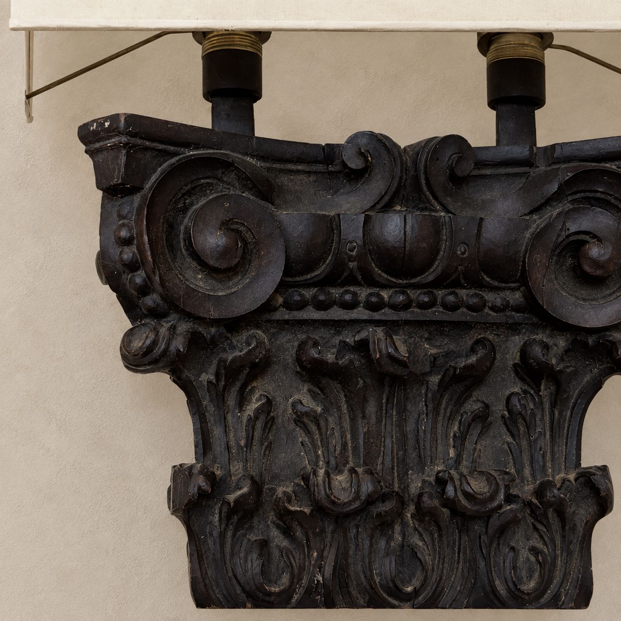 Pair of Carved Wooden Sconces with Square Linen Shades