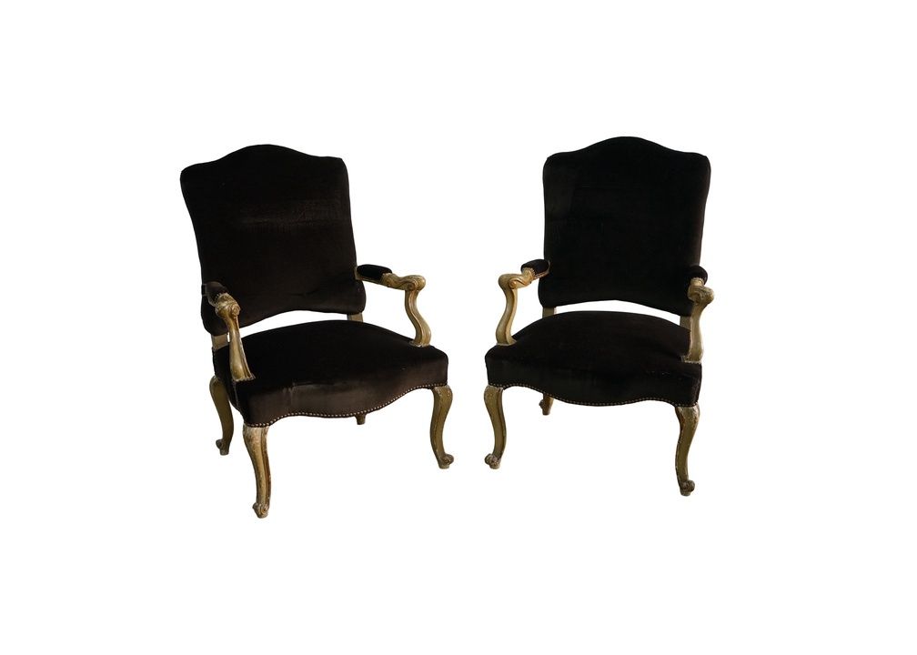 18th Century Louis XV Armchair with Originial Paint, Newly Reupholstered in Chocolate Velvet with Nailhead, 26" x 29" x 43"