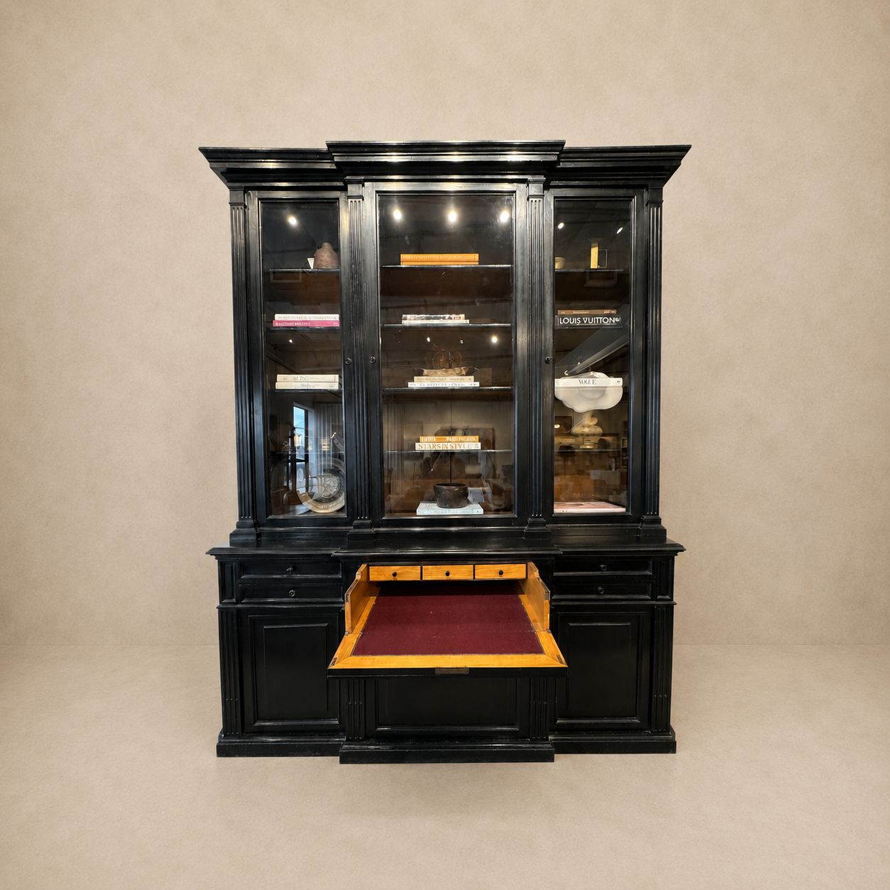 Original Napoleon III Black. Bibliotheque with Glass Front Doors