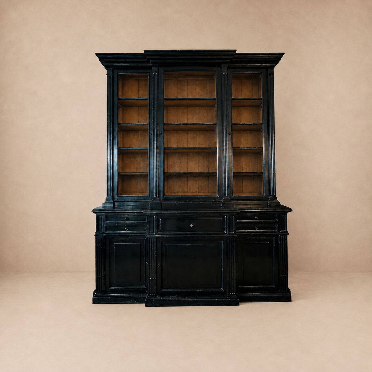 Original Napoleon III Black. Bibliotheque with Glass Front Doors