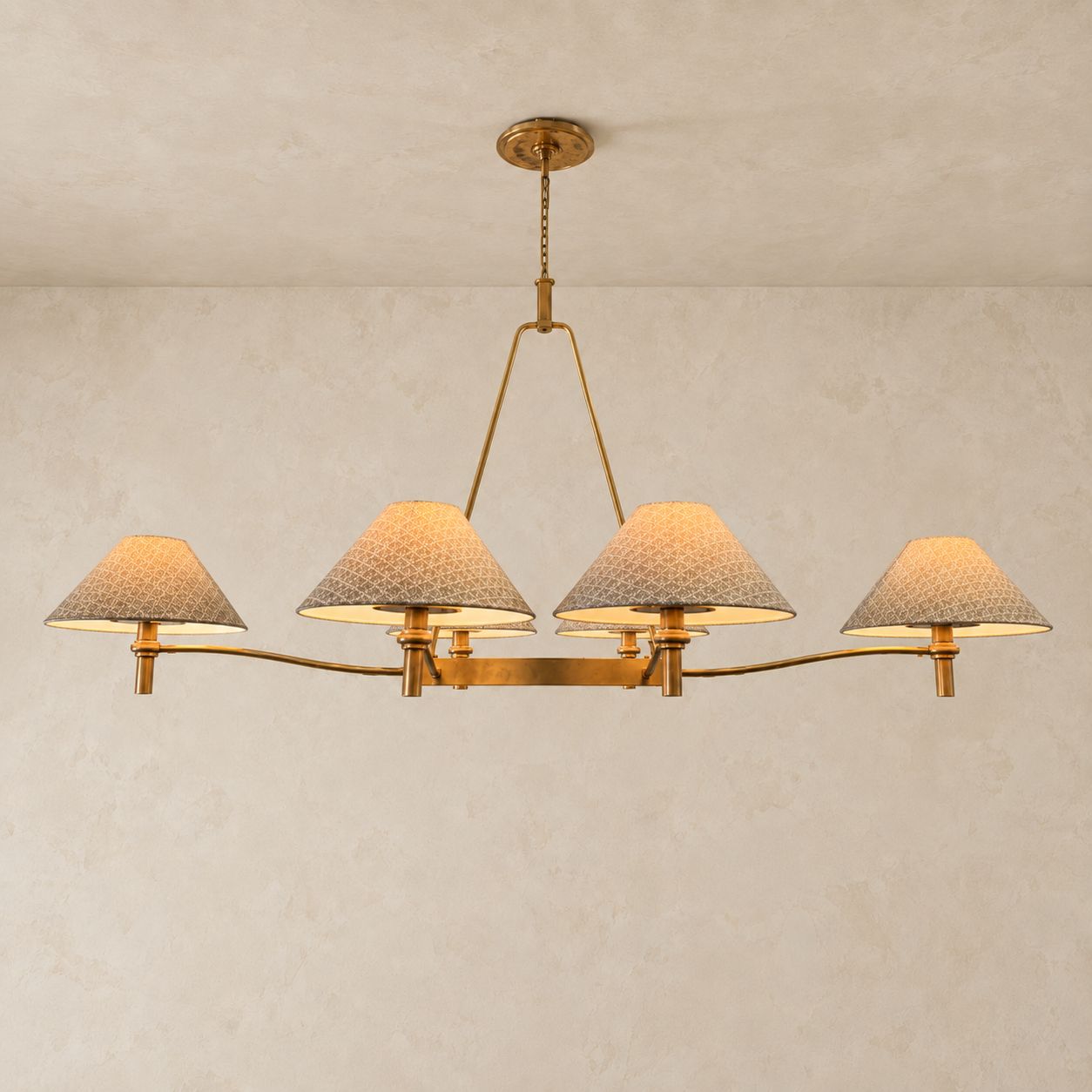 Urban Electric Unlacquered Brass Chandelier with Decorative Shades