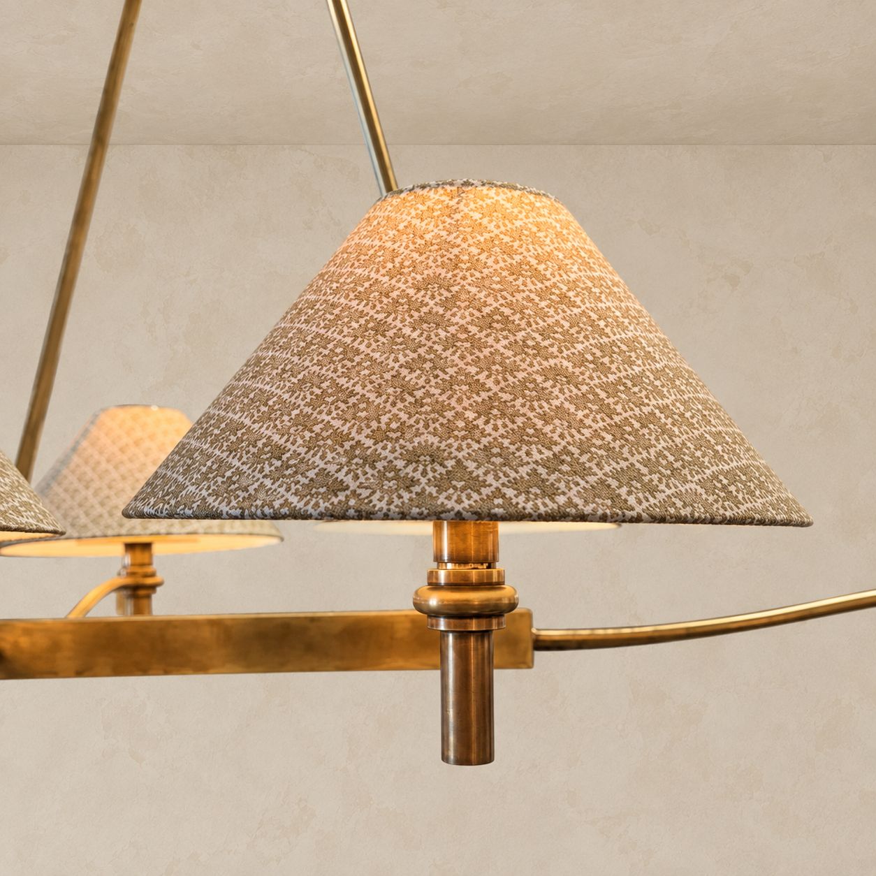 Urban Electric Unlacquered Brass Chandelier with Decorative Shades