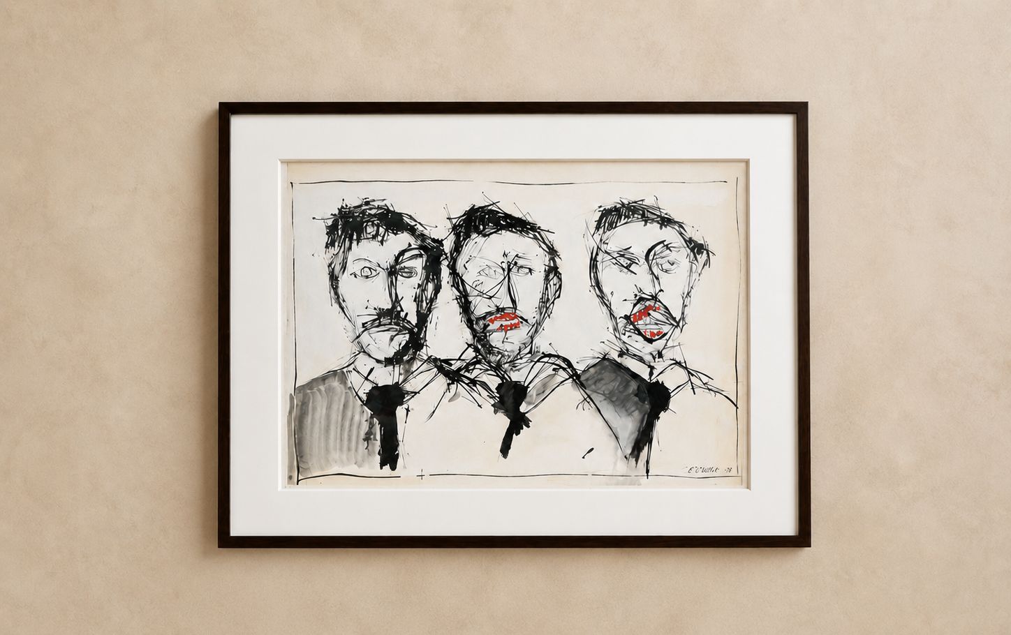 Original Etching of Three Men, by Chillet, 1973