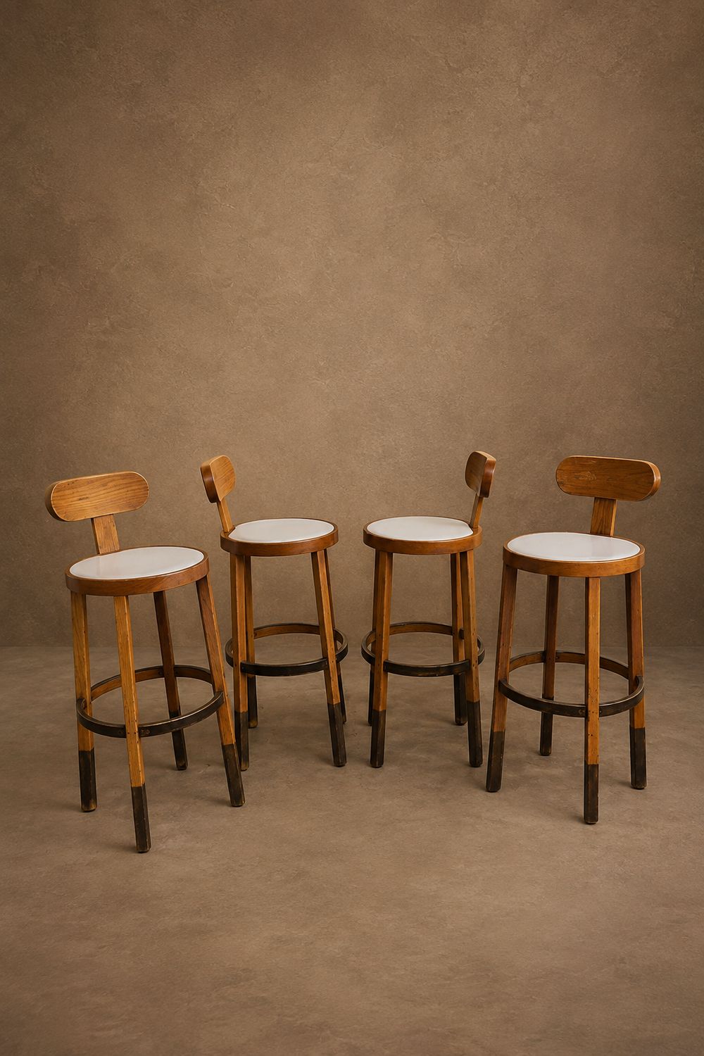 Set of 4 Contemporary Custom Made French Oak Barstools with Brass Feet