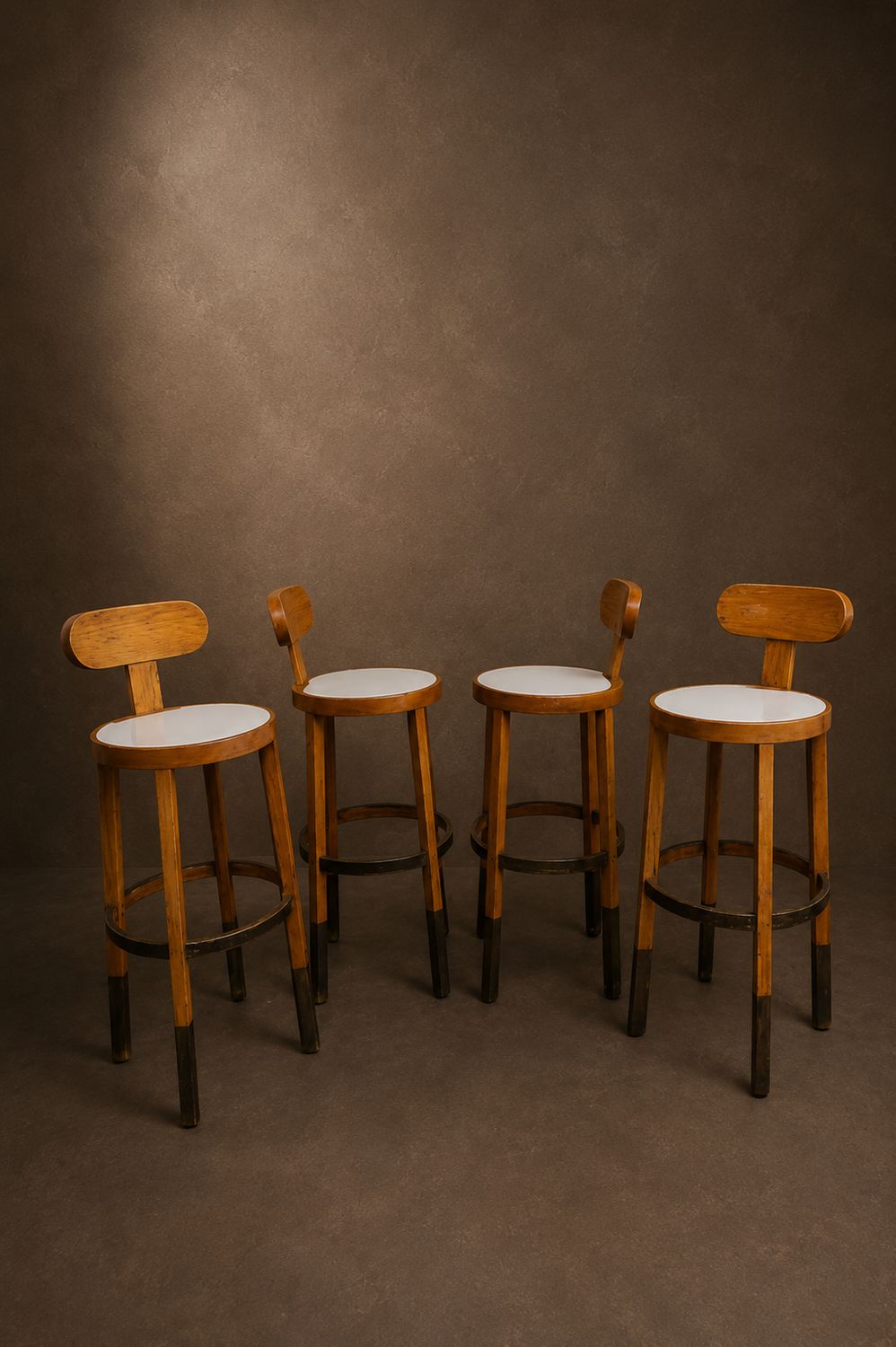 Set of 4 Contemporary Custom Made French Oak Barstools with Brass Feet