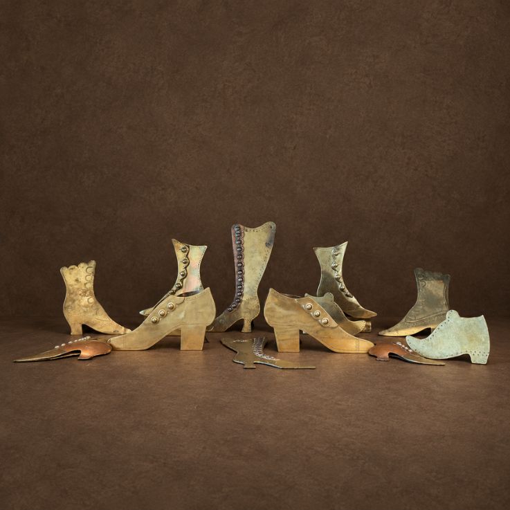 Collection of Folk English Victorian Brass Shoe and Boot Mantel Ornaments, 19th Century