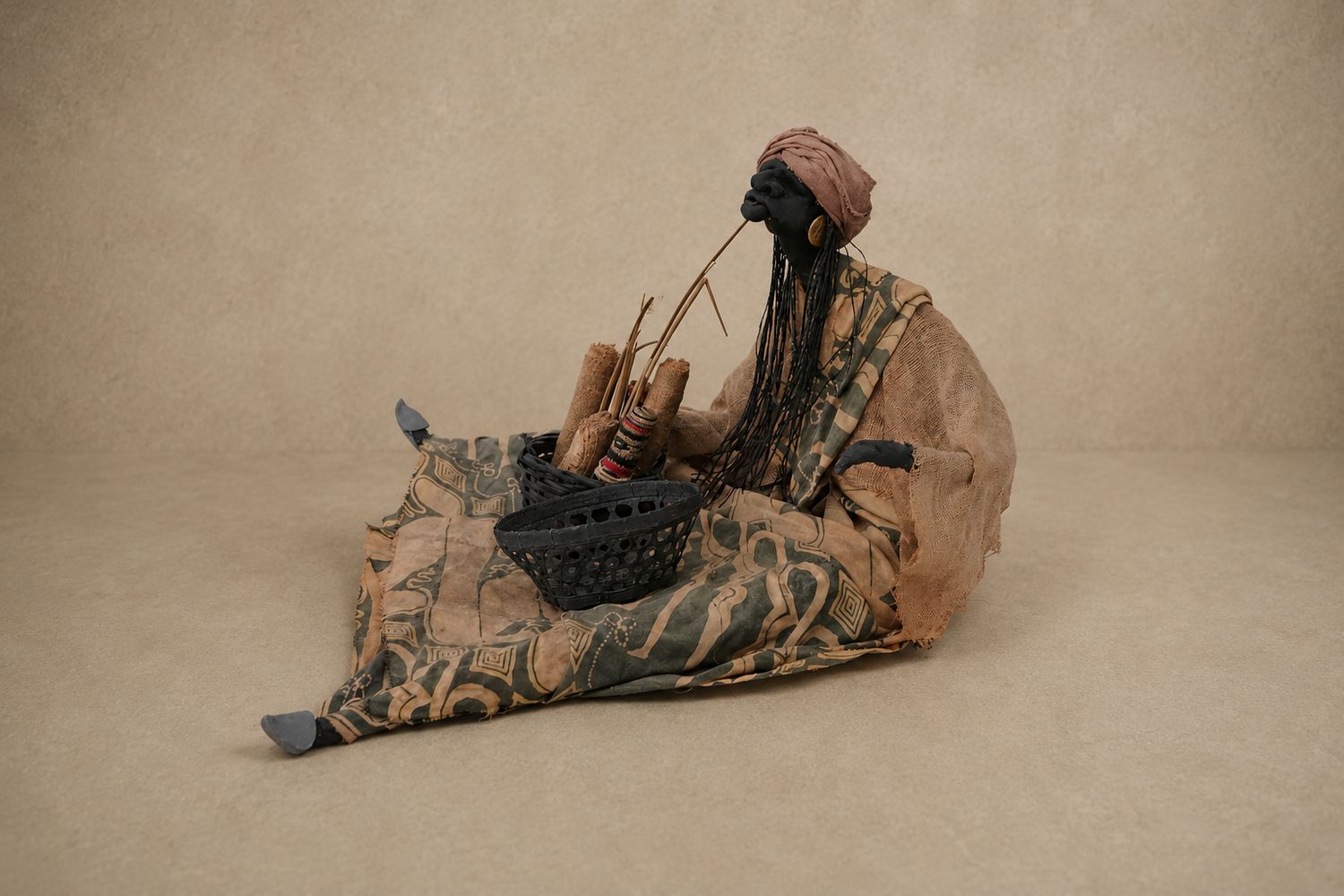 Handmade Clay and Wire Sculpture with Batik Fabric by Artist Jean Marc Louis