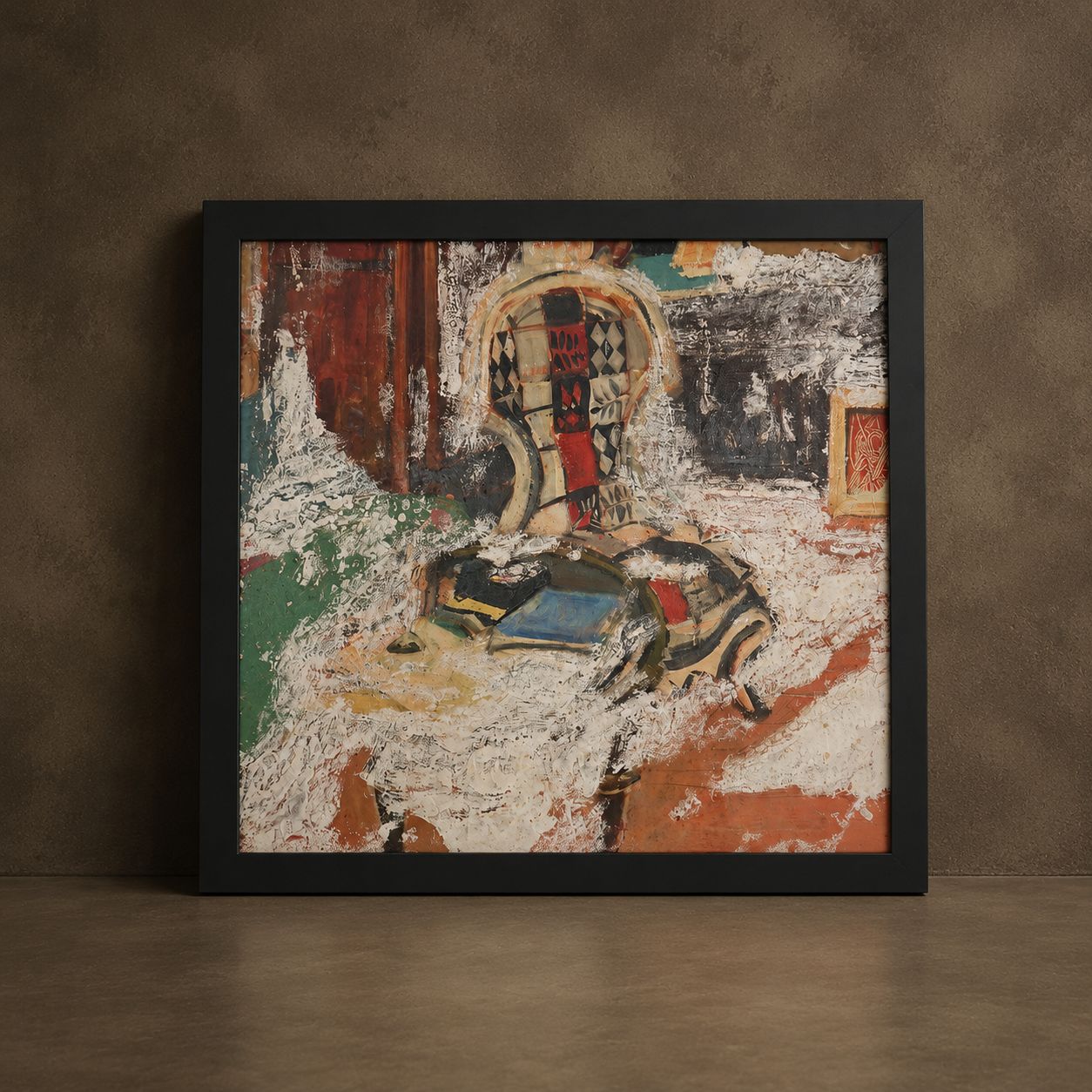 Oil on Board Abstract Painting of Interior Scene of Chair and Table by Renowned French Artist Rudolf Kundera, C.1950s, Newly Reframed